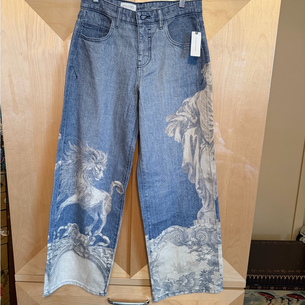 Anthropologie Blue Denim Wide-Leg Jeans with Beige Baroque Motif - Picture 4 of 5